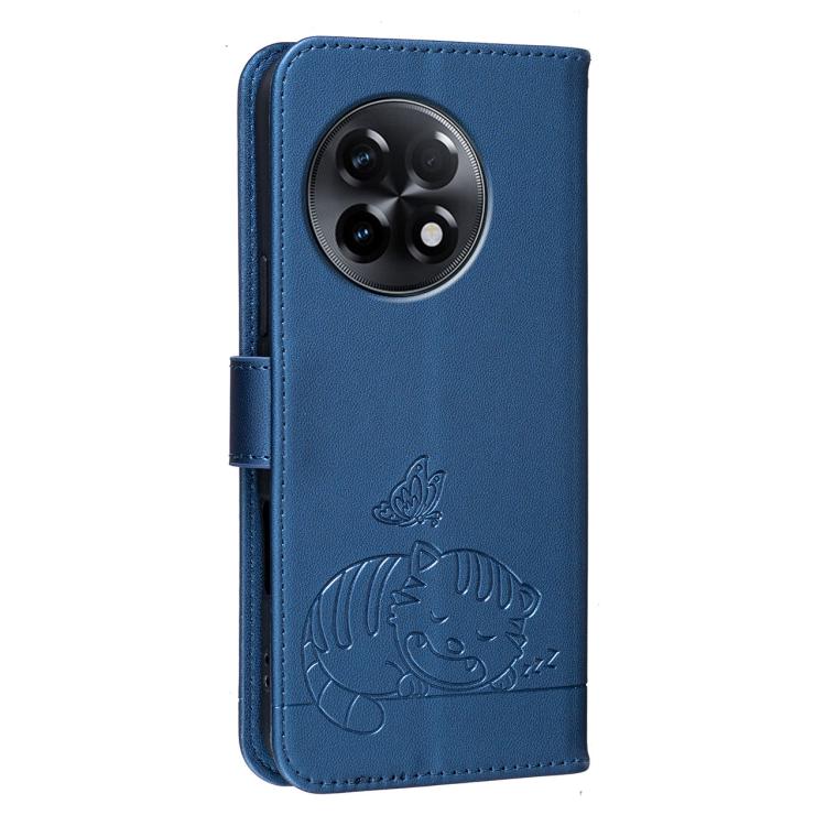 For OnePlus 11R Cat Butterfly Embossed RFID Vegan Leather Phone Case with Strap