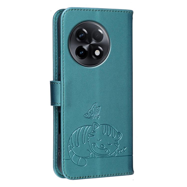 For OnePlus 11R Cat Butterfly Embossed RFID Vegan Leather Phone Case with Strap