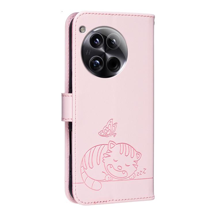 For OnePlus 12 Cat Butterfly Embossed RFID Vegan Leather Phone Case with Strap