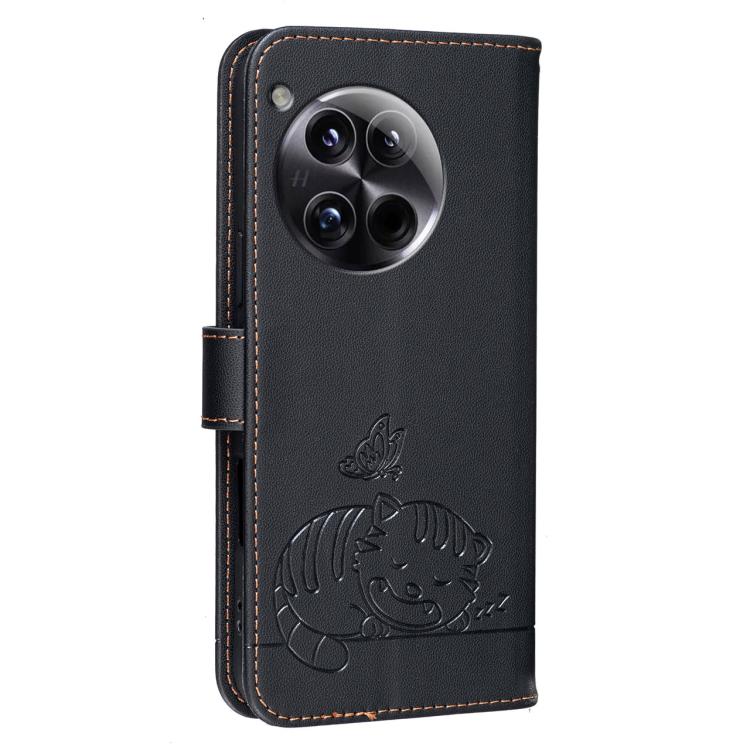 For OnePlus 12 Cat Butterfly Embossed RFID Vegan Leather Phone Case with Strap
