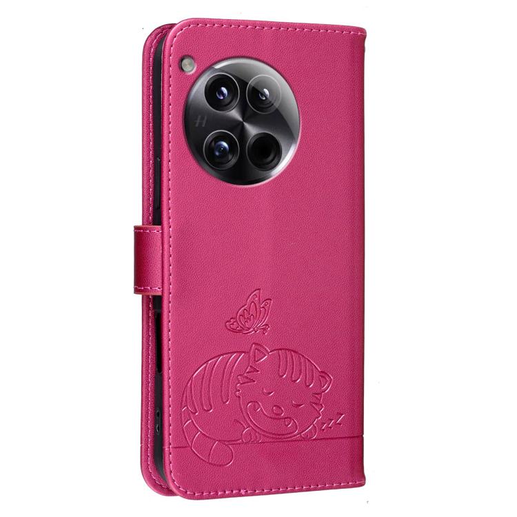 For OnePlus 12 Cat Butterfly Embossed RFID Vegan Leather Phone Case with Strap