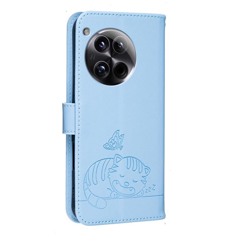 For OnePlus 12 Cat Butterfly Embossed RFID Vegan Leather Phone Case with Strap