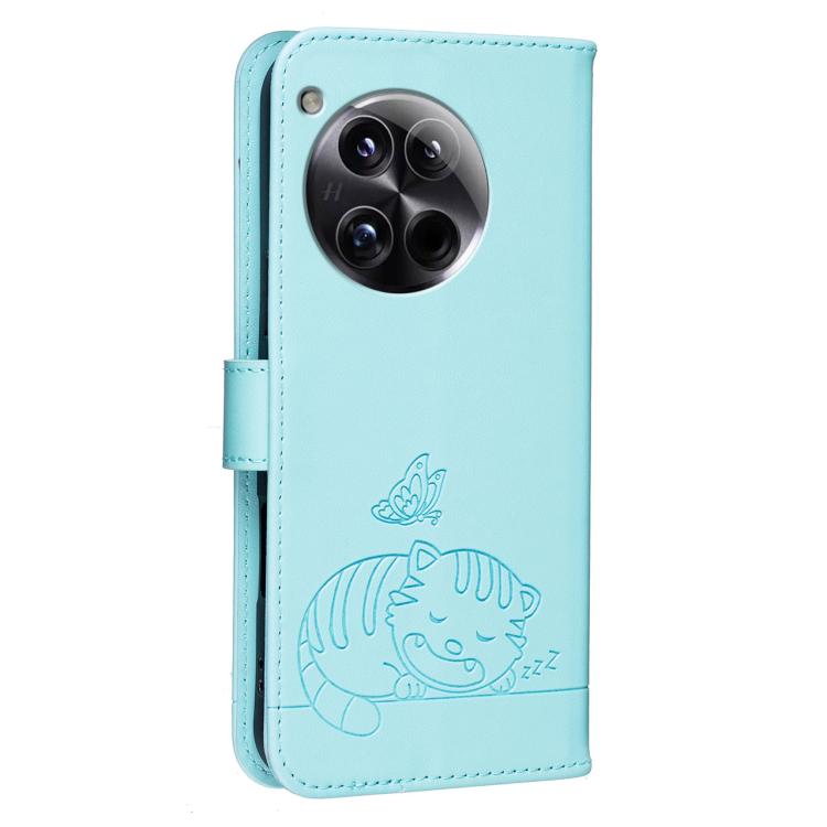 For OnePlus 12 Cat Butterfly Embossed RFID Vegan Leather Phone Case with Strap