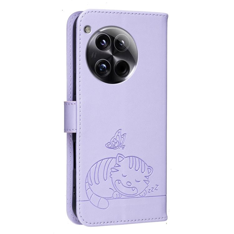 For OnePlus 12 Cat Butterfly Embossed RFID Vegan Leather Phone Case with Strap
