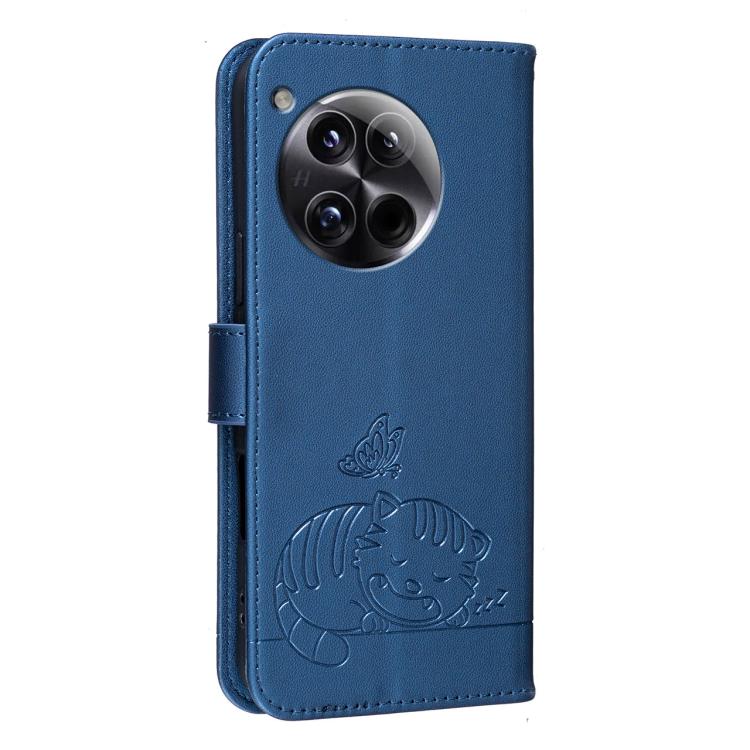 For OnePlus 12 Cat Butterfly Embossed RFID Vegan Leather Phone Case with Strap