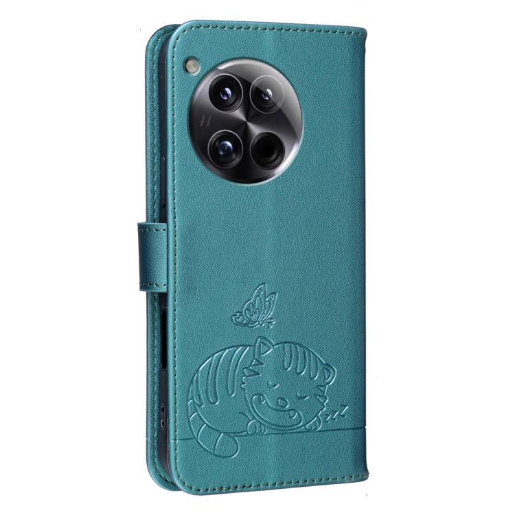 For OnePlus 12 Cat Butterfly Embossed RFID Vegan Leather Phone Case with Strap