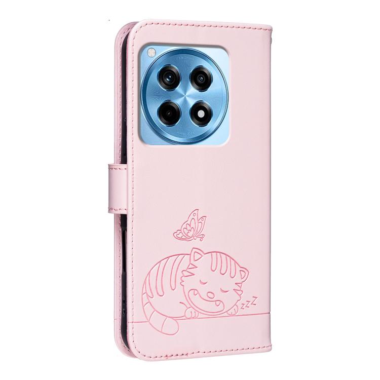 For OnePlus 12R Cat Butterfly Embossed RFID Vegan Leather Phone Case with Strap