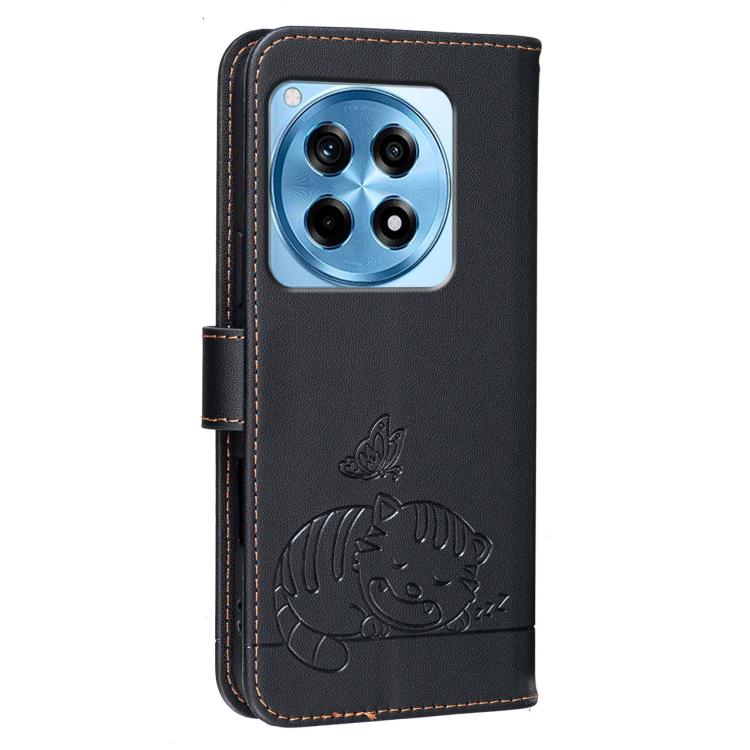 For OnePlus 12R Cat Butterfly Embossed RFID Vegan Leather Phone Case with Strap