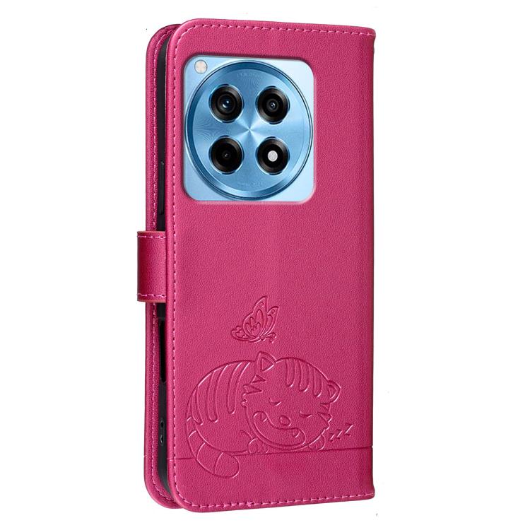 For OnePlus 12R Cat Butterfly Embossed RFID Vegan Leather Phone Case with Strap