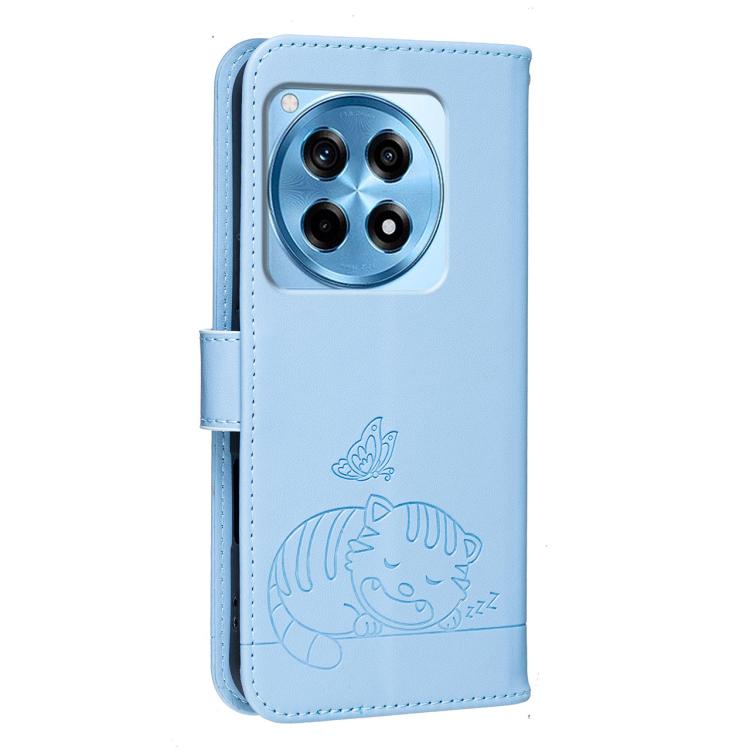 For OnePlus 12R Cat Butterfly Embossed RFID Vegan Leather Phone Case with Strap