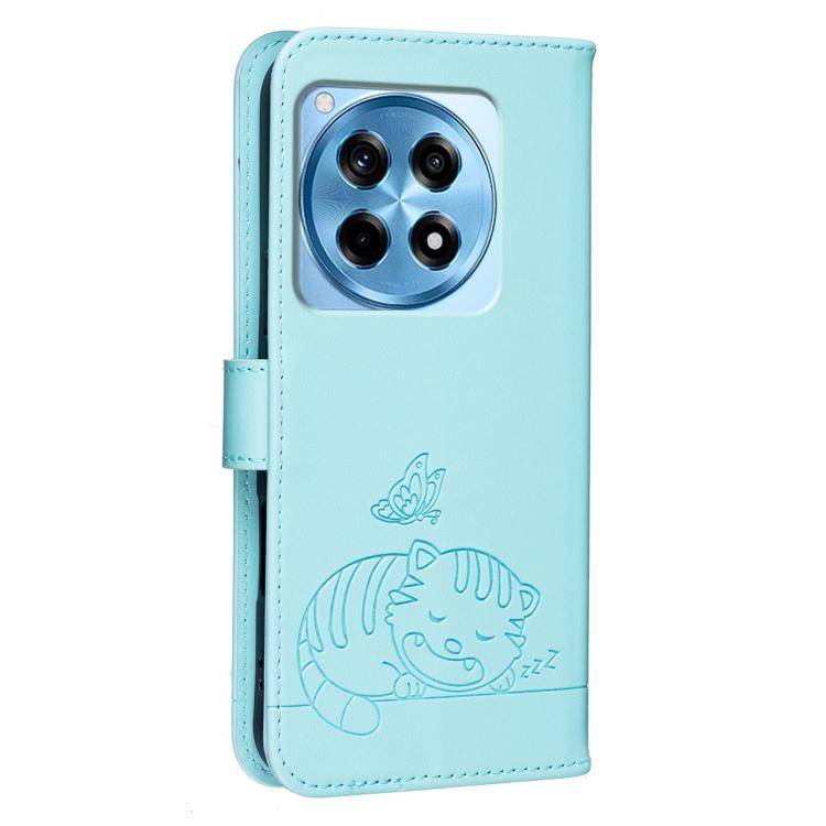 For OnePlus 12R Cat Butterfly Embossed RFID Vegan Leather Phone Case with Strap