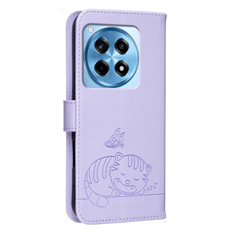 For OnePlus 12R Cat Butterfly Embossed RFID Vegan Leather Phone Case with Strap