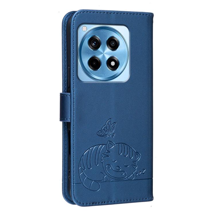 For OnePlus 12R Cat Butterfly Embossed RFID Vegan Leather Phone Case with Strap