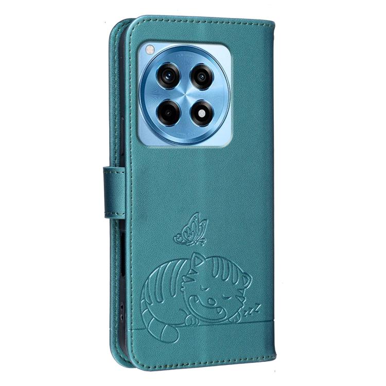 For OnePlus 12R Cat Butterfly Embossed RFID Vegan Leather Phone Case with Strap