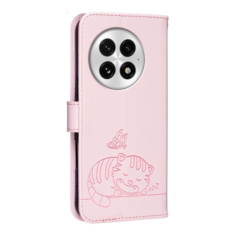 For OnePlus 13 Cat Butterfly Embossed RFID Vegan Leather Phone Case with Strap