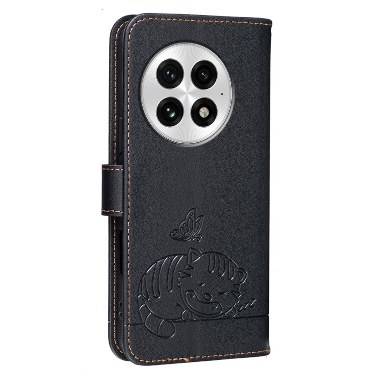 For OnePlus 13 Cat Butterfly Embossed RFID Vegan Leather Phone Case with Strap