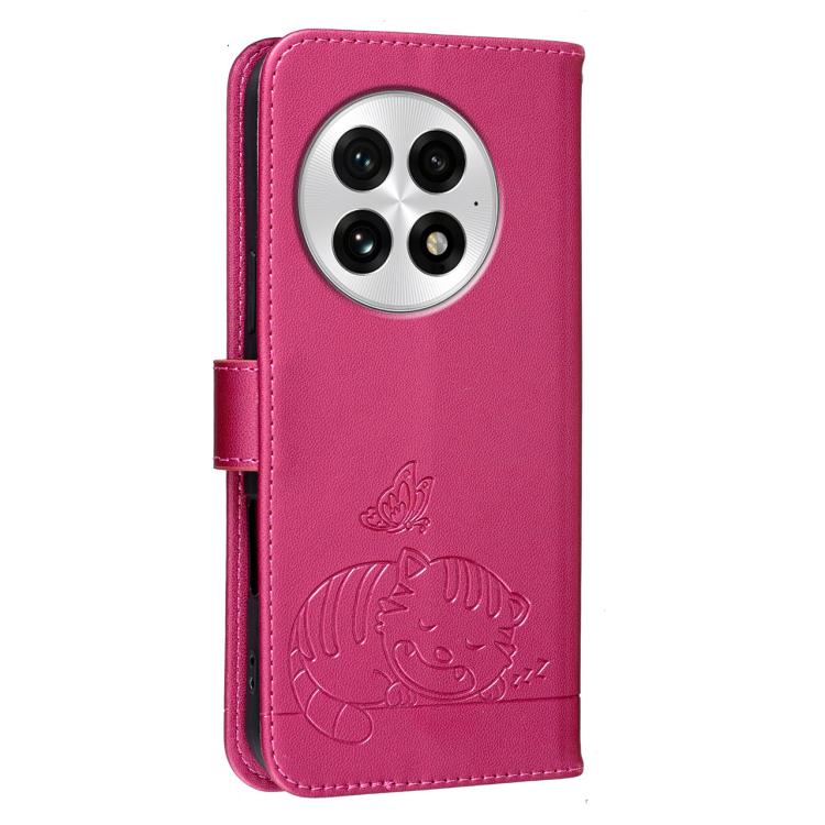For OnePlus 13 Cat Butterfly Embossed RFID Vegan Leather Phone Case with Strap