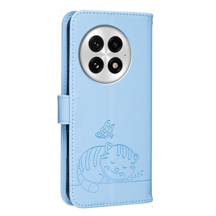 For OnePlus 13 Cat Butterfly Embossed RFID Vegan Leather Phone Case with Strap