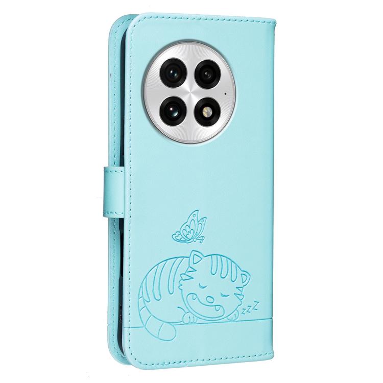For OnePlus 13 Cat Butterfly Embossed RFID Vegan Leather Phone Case with Strap