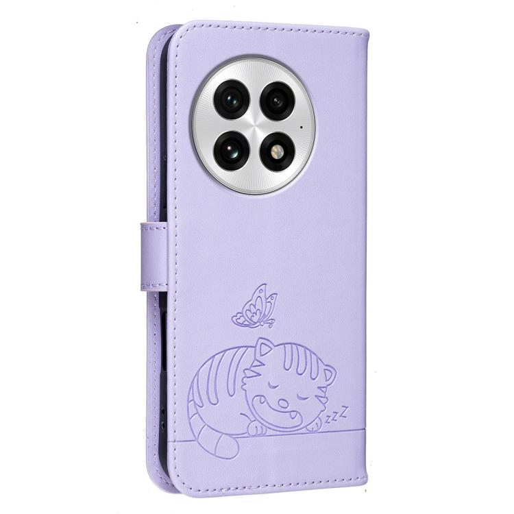 For OnePlus 13 Cat Butterfly Embossed RFID Vegan Leather Phone Case with Strap