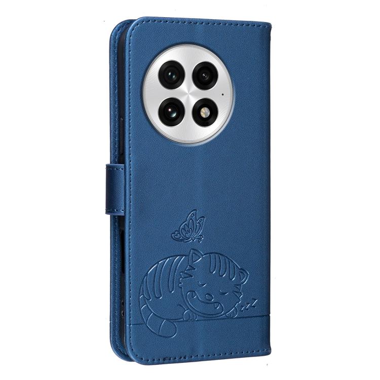 For OnePlus 13 Cat Butterfly Embossed RFID Vegan Leather Phone Case with Strap