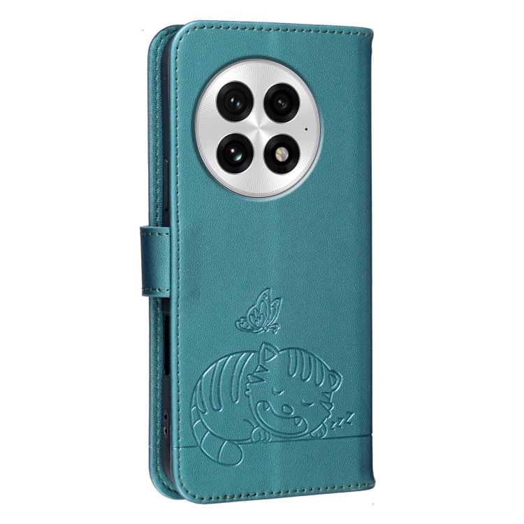 For OnePlus 13 Cat Butterfly Embossed RFID Vegan Leather Phone Case with Strap