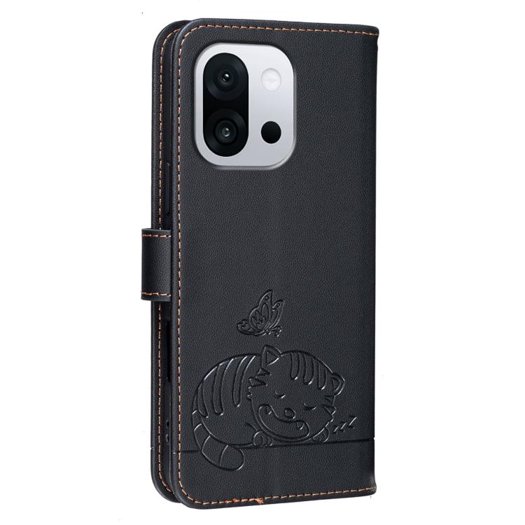 For OnePlus 13T Cat Butterfly Embossed RFID Vegan Leather Phone Case with Strap