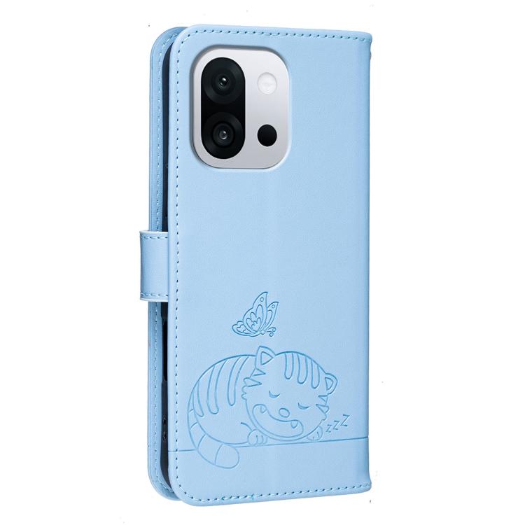 For OnePlus 13T Cat Butterfly Embossed RFID Vegan Leather Phone Case with Strap