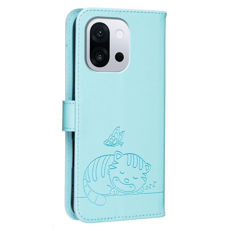 For OnePlus 13T Cat Butterfly Embossed RFID Vegan Leather Phone Case with Strap