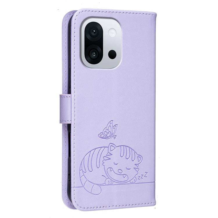 For OnePlus 13T Cat Butterfly Embossed RFID Vegan Leather Phone Case with Strap