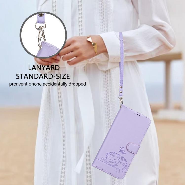 For OnePlus 13T Cat Butterfly Embossed RFID Vegan Leather Phone Case with Strap