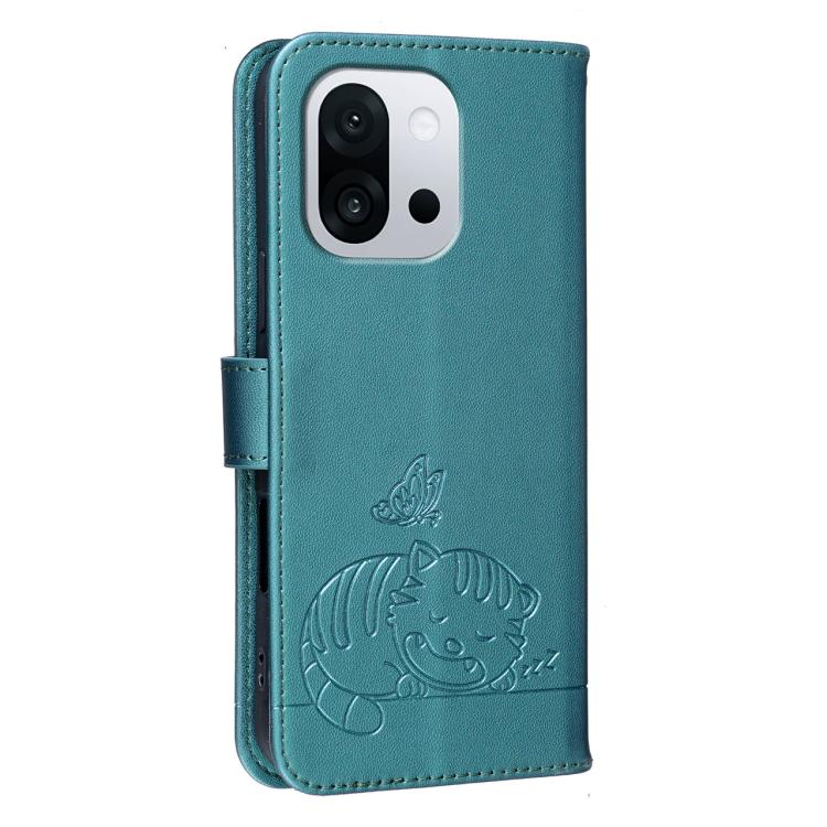 For OnePlus 13T Cat Butterfly Embossed RFID Vegan Leather Phone Case with Strap