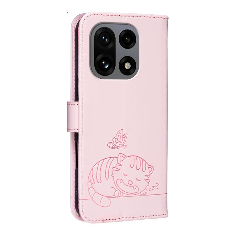 For OnePlus 15 Cat Butterfly Embossed RFID Vegan Leather Phone Case with Strap