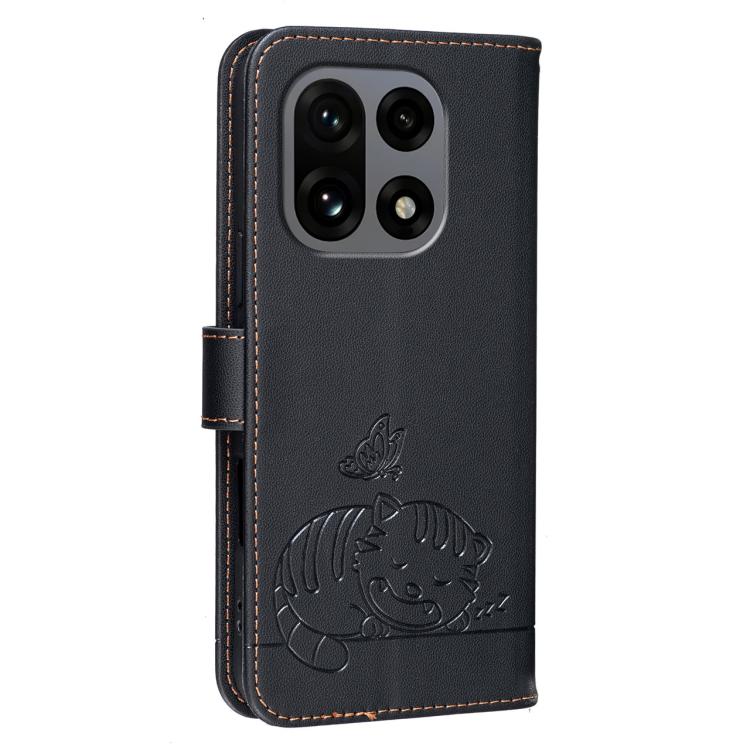 For OnePlus 15 Cat Butterfly Embossed RFID Vegan Leather Phone Case with Strap