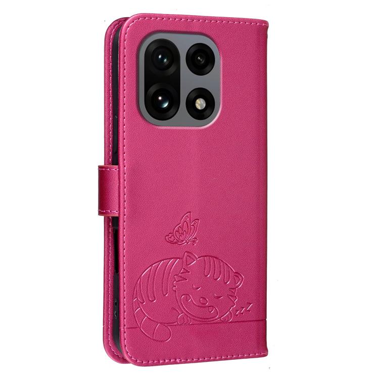 For OnePlus 15 Cat Butterfly Embossed RFID Vegan Leather Phone Case with Strap