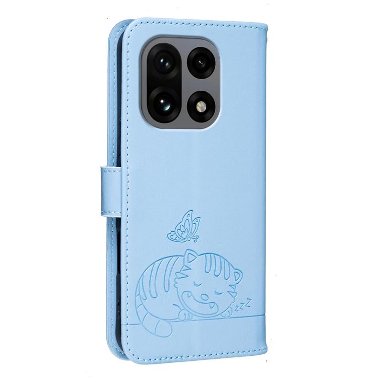 For OnePlus 15 Cat Butterfly Embossed RFID Vegan Leather Phone Case with Strap