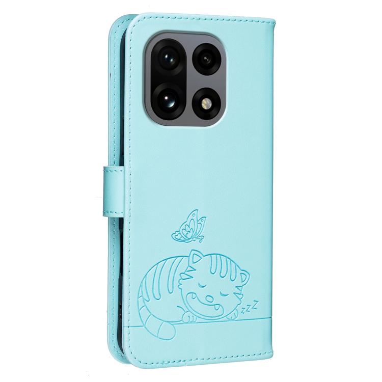 For OnePlus 15 Cat Butterfly Embossed RFID Vegan Leather Phone Case with Strap