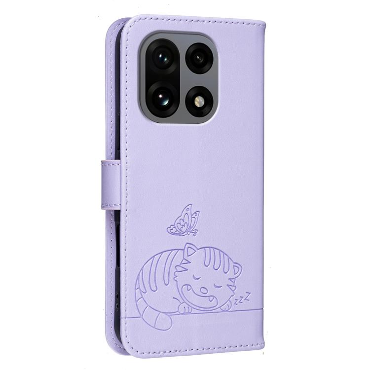For OnePlus 15 Cat Butterfly Embossed RFID Vegan Leather Phone Case with Strap
