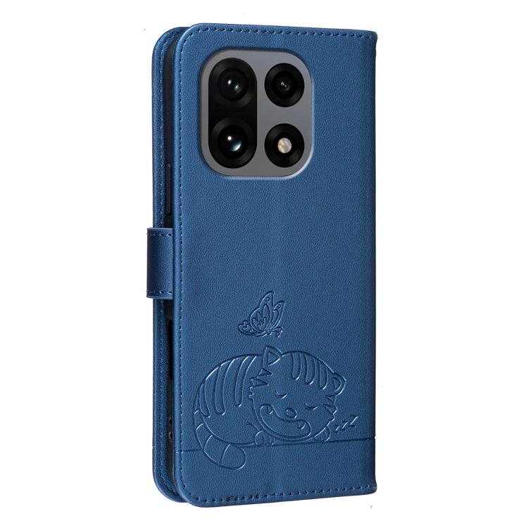 For OnePlus 15 Cat Butterfly Embossed RFID Vegan Leather Phone Case with Strap
