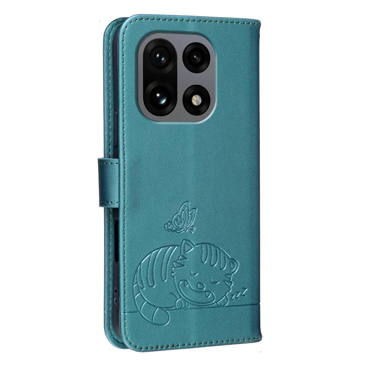For OnePlus 15 Cat Butterfly Embossed RFID Vegan Leather Phone Case with Strap