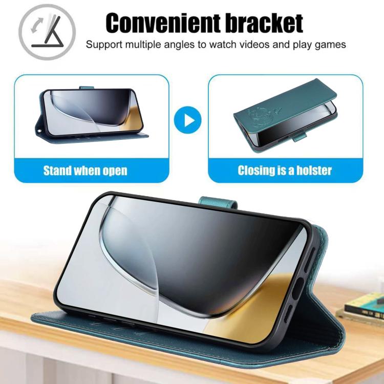 For OnePlus 15 Cat Butterfly Embossed RFID Vegan Leather Phone Case with Strap