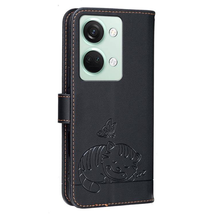 For OnePlus Ace 2V Cat Butterfly Embossed RFID Vegan Leather Phone Case with Strap