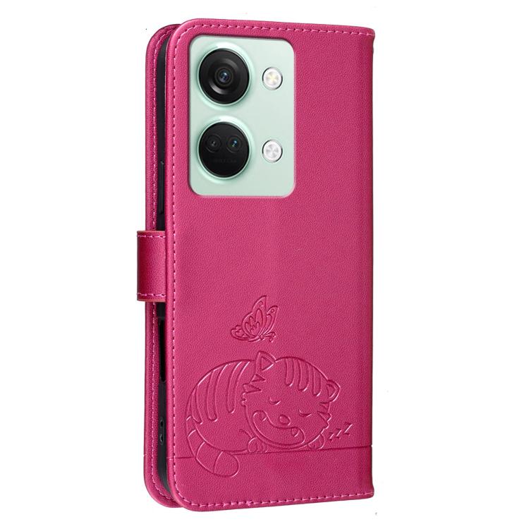 For OnePlus Ace 2V Cat Butterfly Embossed RFID Vegan Leather Phone Case with Strap