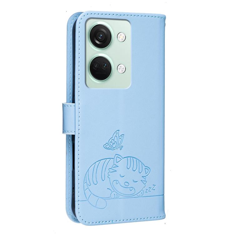 For OnePlus Ace 2V Cat Butterfly Embossed RFID Vegan Leather Phone Case with Strap