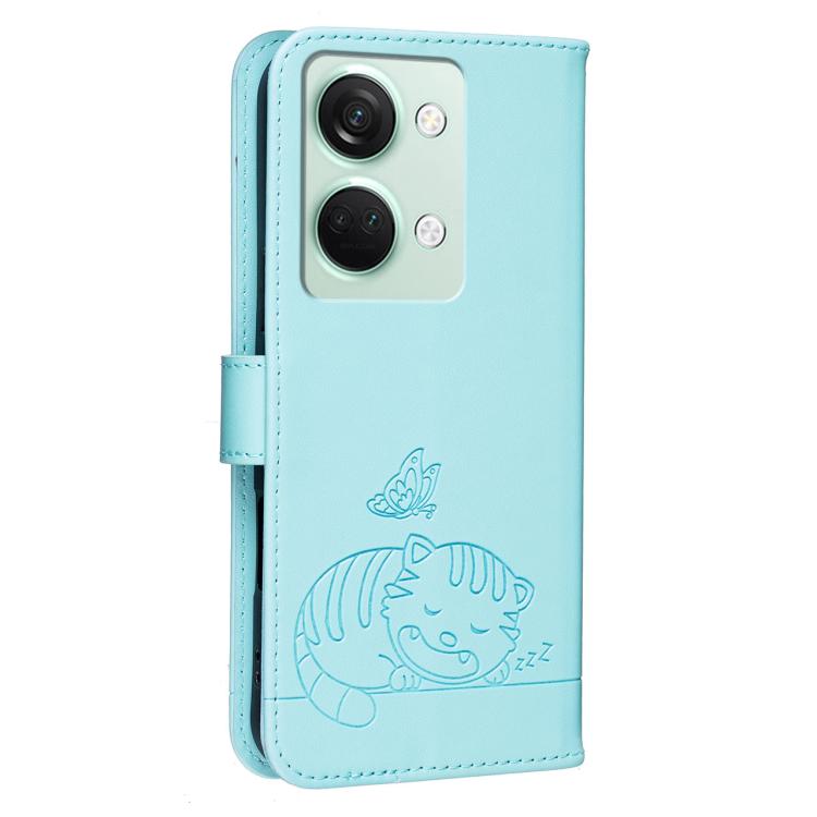 For OnePlus Ace 2V Cat Butterfly Embossed RFID Vegan Leather Phone Case with Strap
