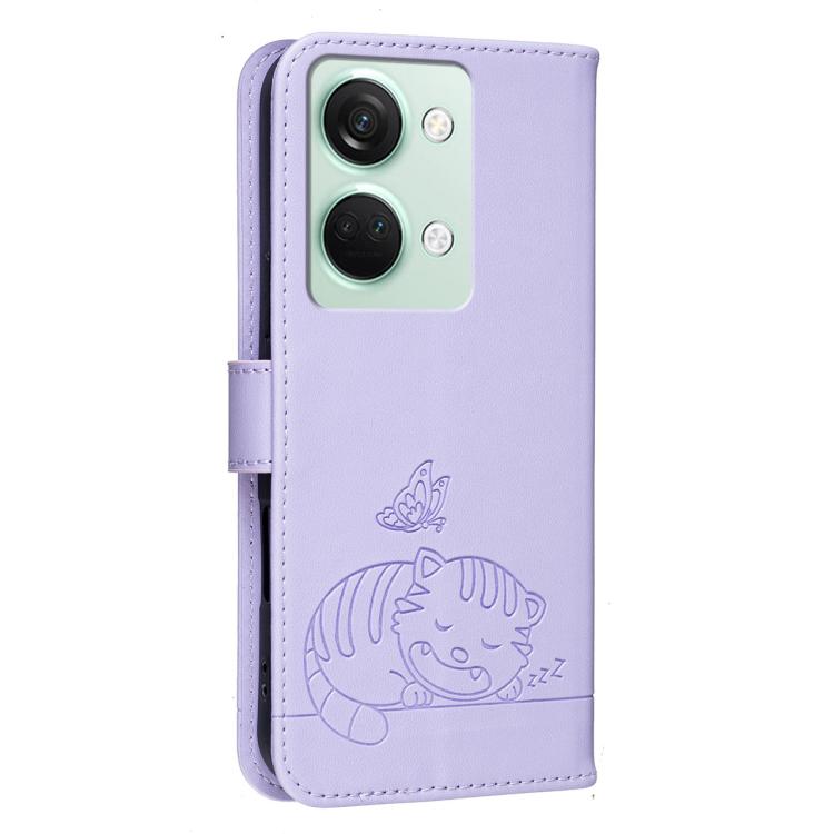 For OnePlus Ace 2V Cat Butterfly Embossed RFID Vegan Leather Phone Case with Strap
