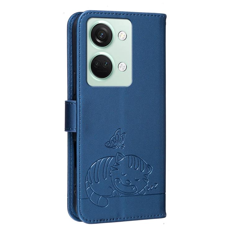For OnePlus Ace 2V Cat Butterfly Embossed RFID Vegan Leather Phone Case with Strap