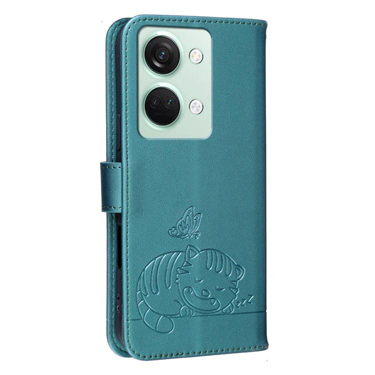 For OnePlus Ace 2V Cat Butterfly Embossed RFID Vegan Leather Phone Case with Strap