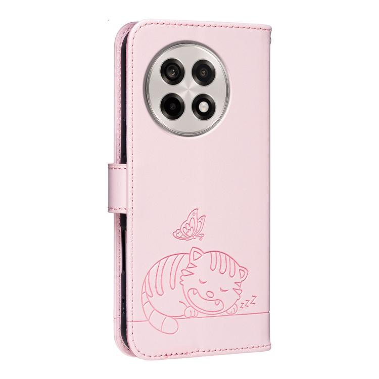 For OnePlus Ace 5 Cat Butterfly Embossed RFID Vegan Leather Phone Case with Strap