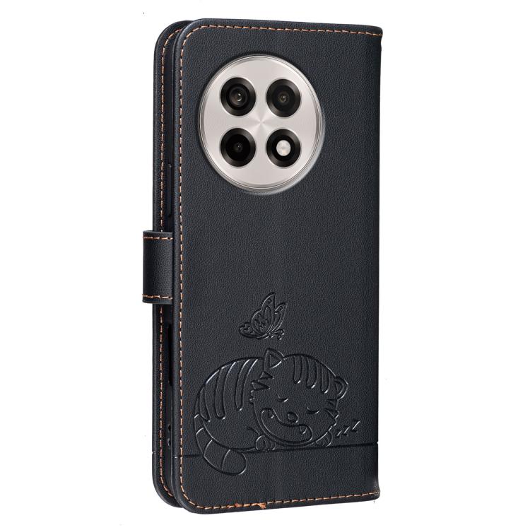 For OnePlus Ace 5 Cat Butterfly Embossed RFID Vegan Leather Phone Case with Strap